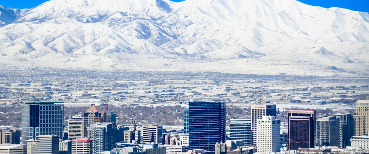 A cityscape with a cluster of mid-rise buildings in the foreground and a large, snow-covered mountain range in the background under a clear blue sky.