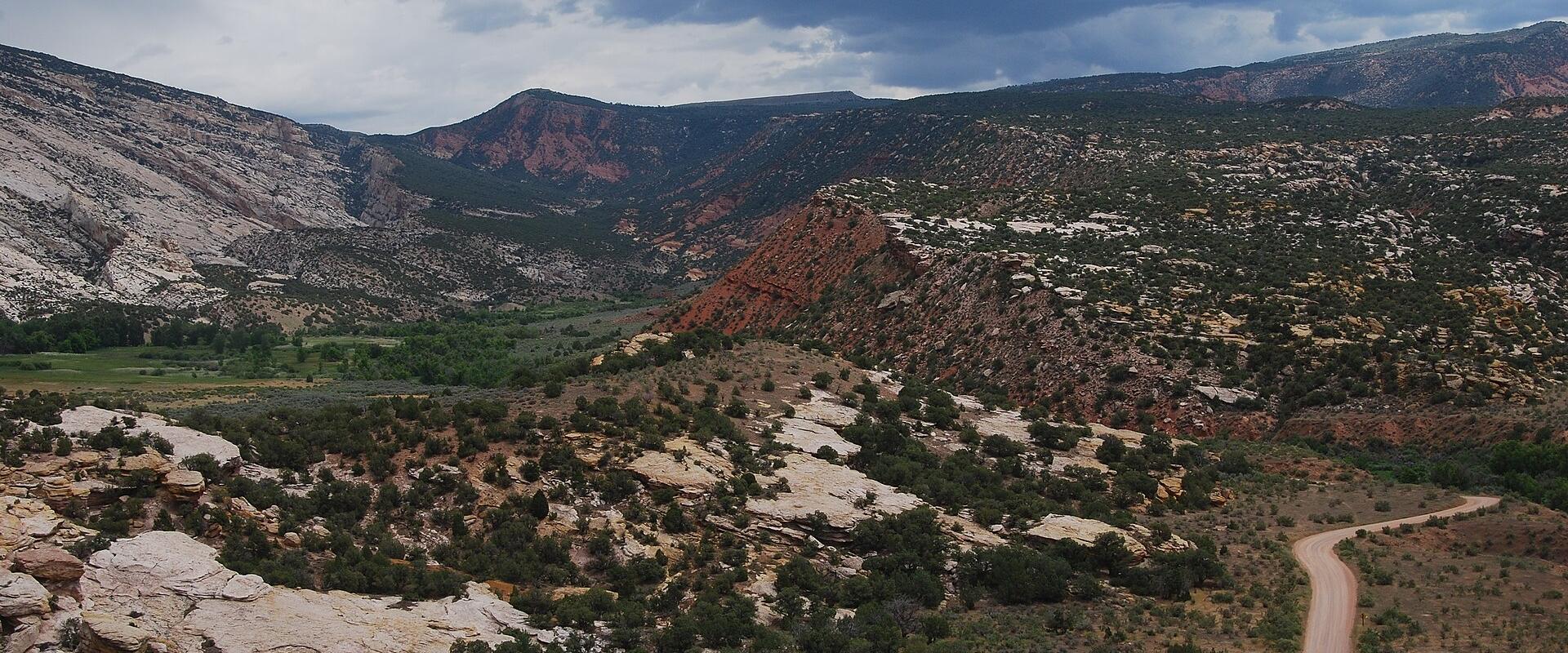 A wide landscape view showing a winding dirt road through a canyon with red rock formations, green vegetation, and a cloudy sky.
