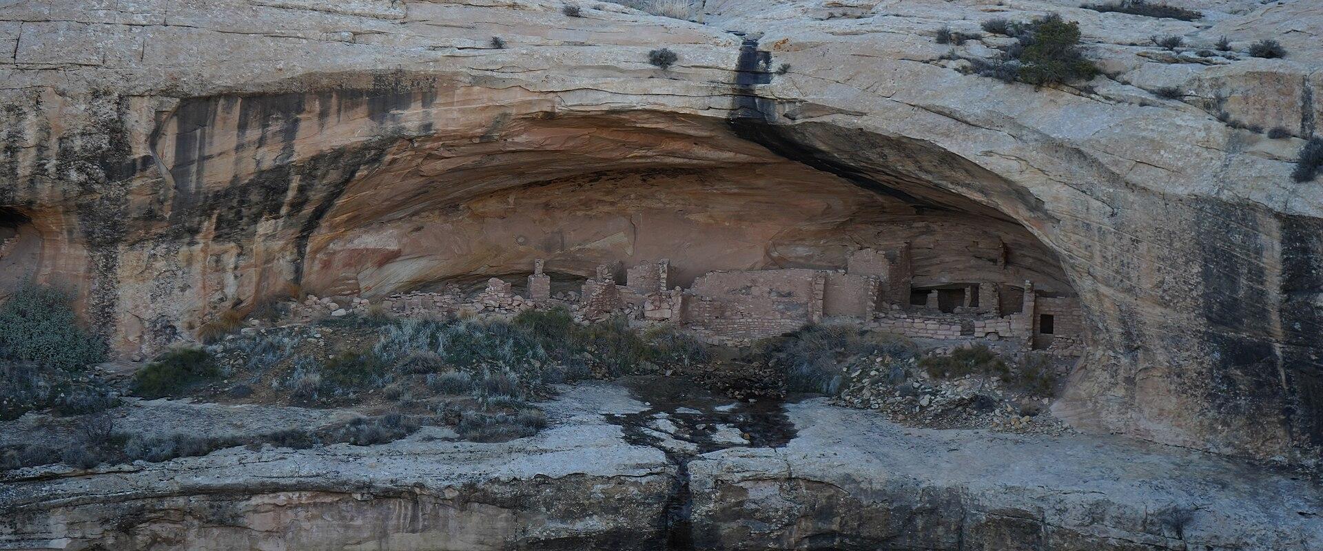 The image shows a large, recessed alcove in a sandstone cliff face, containing the stone ruins of an ancient dwelling (kiva or room block) with a dark, shadowed entrance, set against a backdrop of desert vegetation.