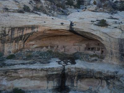 The image shows a large, recessed alcove in a sandstone cliff face, containing the stone ruins of an ancient dwelling (kiva or room block) with a dark, shadowed entrance, set against a backdrop of desert vegetation.