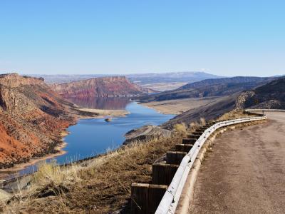 Flaming Gorge Reservoir among red cliffs