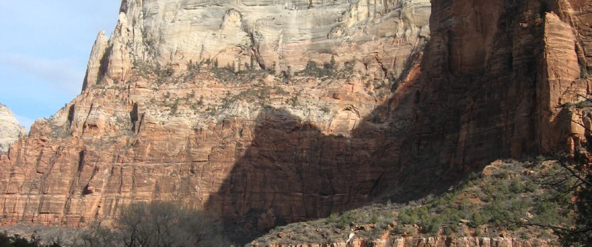 A landscape photograph showing a large, stratified sandstone cliff face (likely the Navajo Sandstone) with a shadow cast across its face, above a foreground of bare, wintry trees and a dry wash.