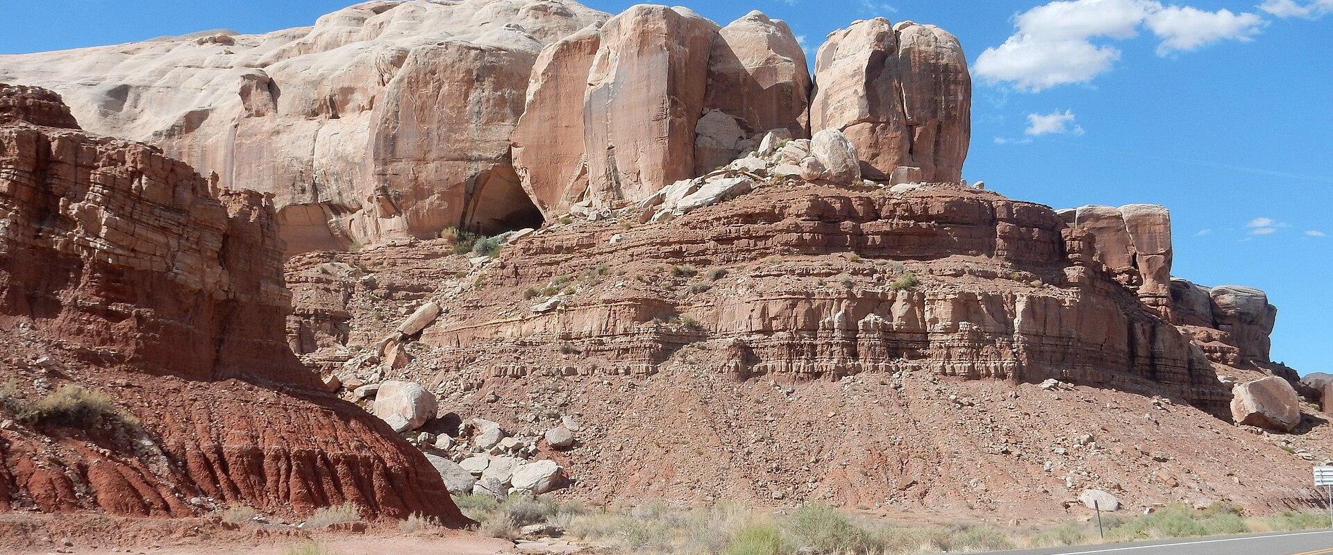 Red sandstone cliffs along the highway at Bluff