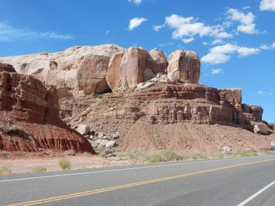 Red sandstone cliffs along the highway at Bluff