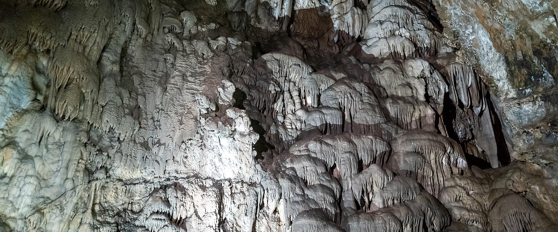 The image shows the interior of a limestone cave, featuring close-up views of stalactites and other mineral formations illuminated by artificial light.