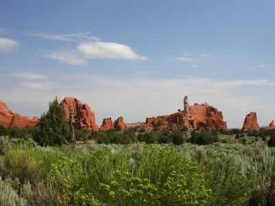 A landscape photograph showing a desert environment with reddish sandstone rock formations, including a prominent tall, thin spire, set against a blue sky with white clouds, and foreground vegetation.
