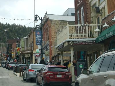A street-level view of a commercial district with brick buildings, storefronts including "Woodburne Jewelers" and "D'Angelo's," parked cars, and a forested hill in the background.
