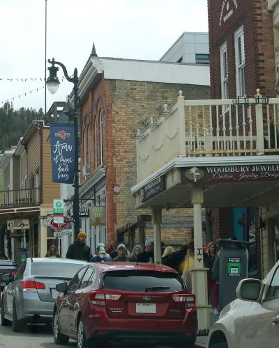 A street-level view of a commercial district with brick buildings, storefronts including "Woodburne Jewelers" and "D'Angelo's," parked cars, and a forested hill in the background.