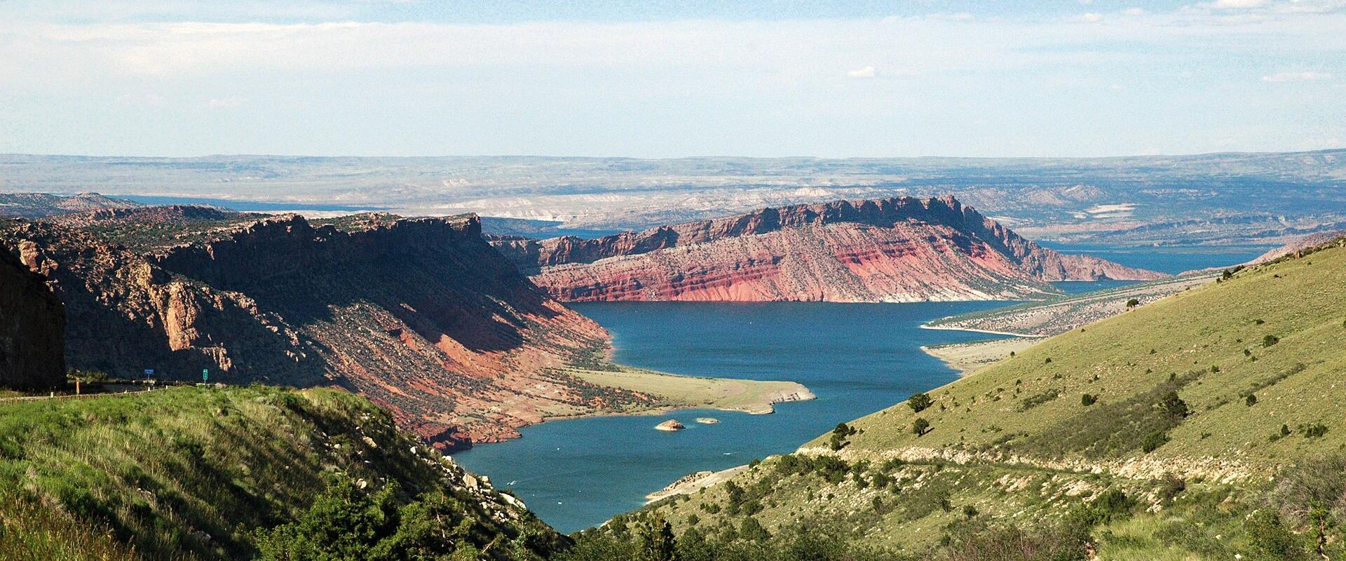 Evening view over Flaming Gorge Reservoir and its red cliffs