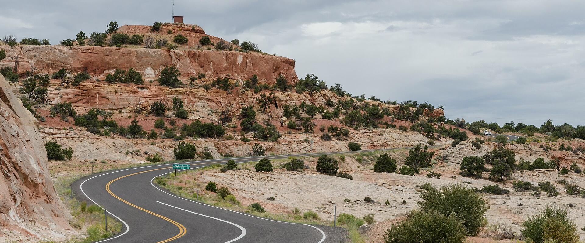 Highway curving through red rock country near Escalante