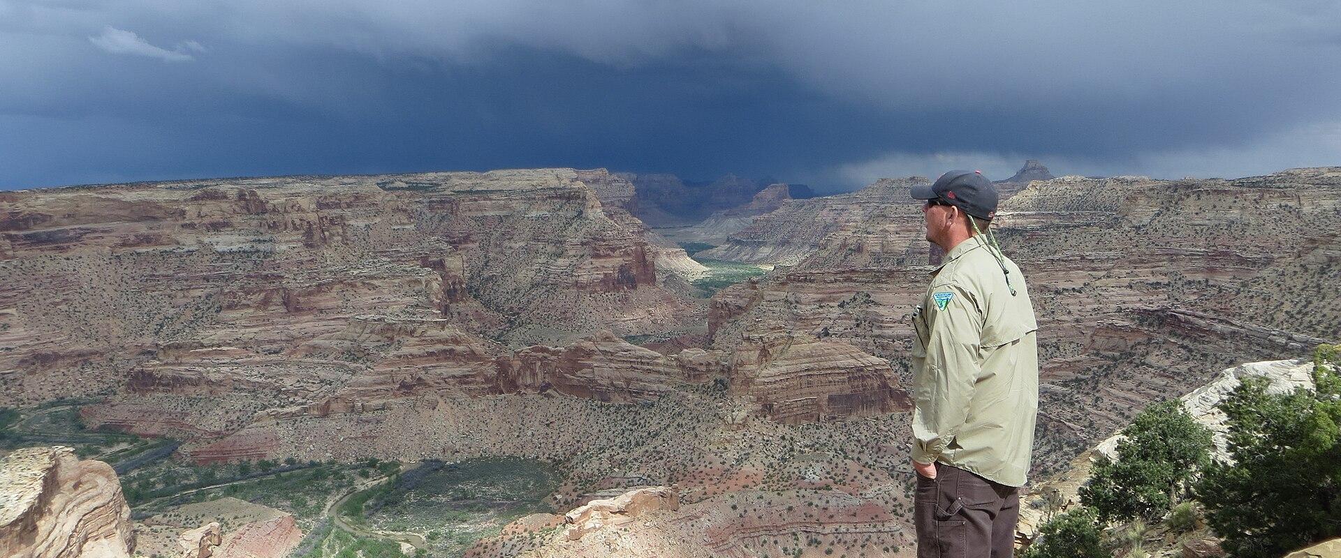 A man in a cap and light jacket stands on a rocky outcrop in the foreground, looking out over a deep, wide canyon with layered red rock walls and a river visible in the distance, under a dramatic, cloudy sky.