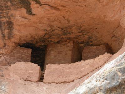 Ancestral Puebloan cliff dwelling ruins (masonry walls) built into the recess of a large, reddish sandstone alcove.