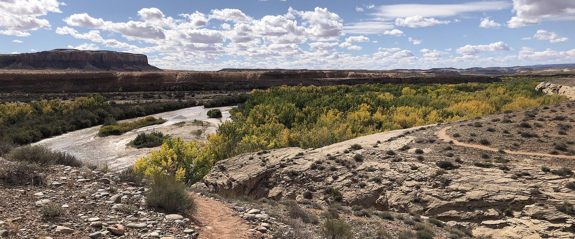 A dirt trail in the foreground leads towards a river valley with green vegetation, set against a backdrop of a flat-topped mesa under a blue sky with clouds.