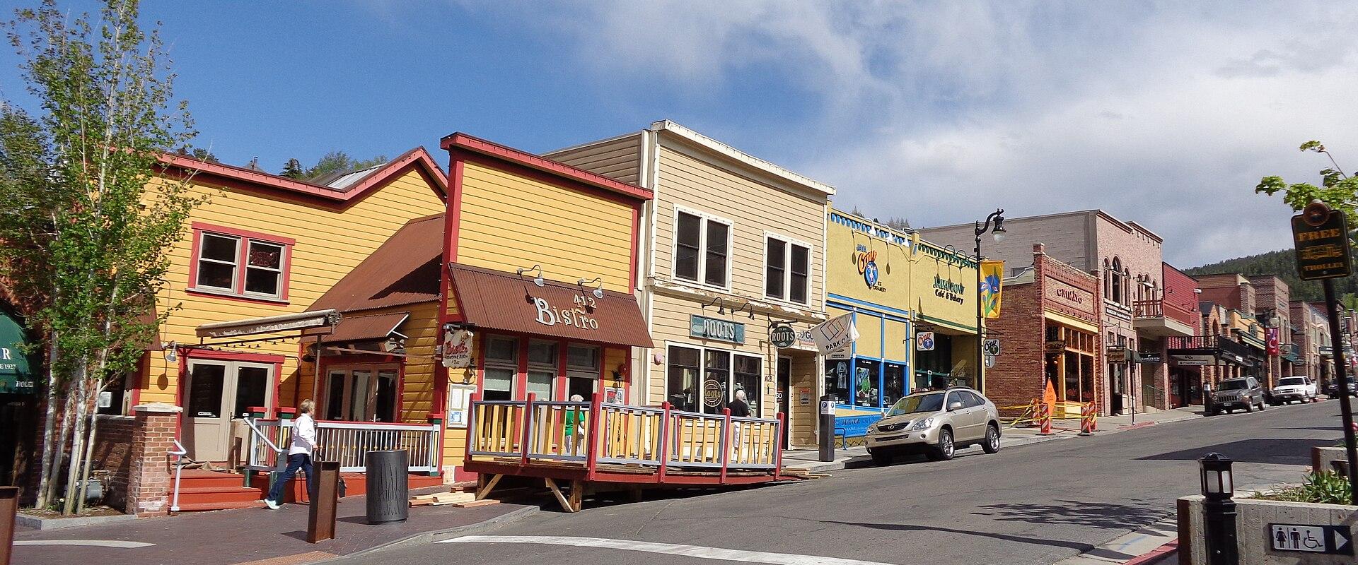 Colorful historic storefronts along Main Street in Park City