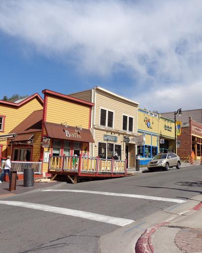 Colorful historic storefronts along Main Street in Park City